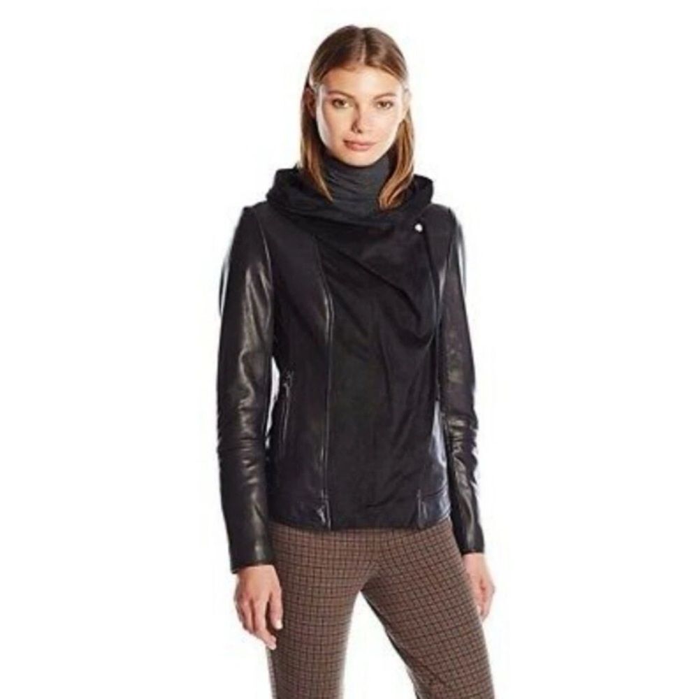 Rare Vince Camuto Asymmetrical Zip Black New Zealand Lamb Skin Jacket Size S